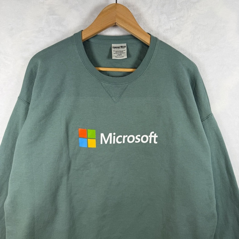 Microsoft Logo Pullover Comfort Wash Green Crew Sweatshirt Mens Size L